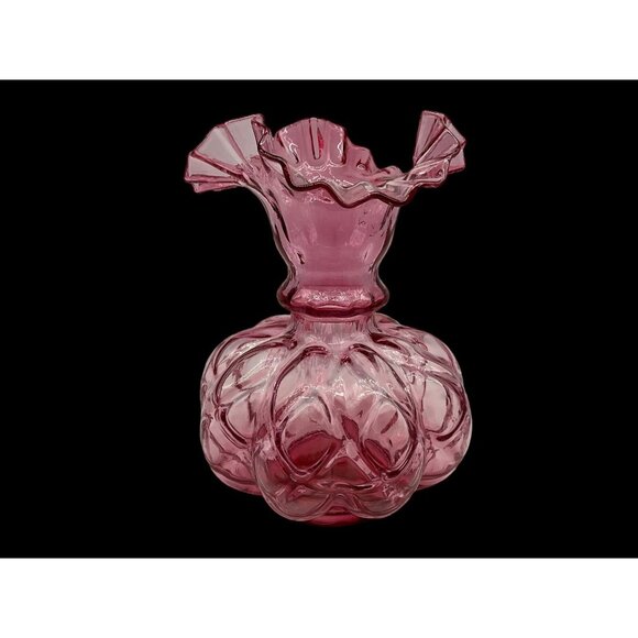 FENTON Cranberry Melon Vase Art Glass Optic Coin Dot Vase Ruffled Edge 8" Tall - Picture 2 of 16